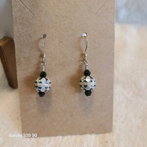 Handmade Dangle Silver Black Beaded Drop Earrings Jewelry Women Pre-Owned